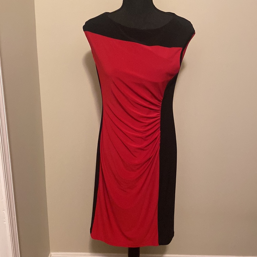 Sleeveless, knee length red and black dress